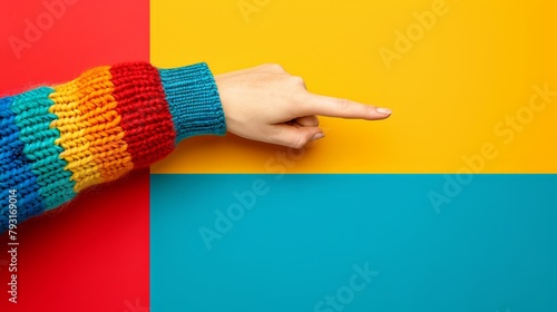  A hand wearing a colorful knitted arm warmer is positioned against a multicolored background The backdrop features distinct stripes of blue, yellow, red, and green