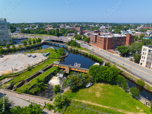 Swamp Locks Gatehouse aerial view on Upper Pawtucket Canal in Lowell National Historical Park in historic city center of Lowell, Massachusetts MA, USA. 