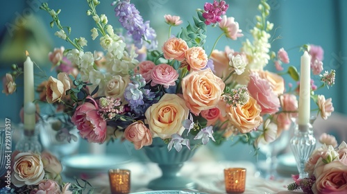  A vase, brimming with an abundance of flowers, rests atop a table Two votive candles flank it