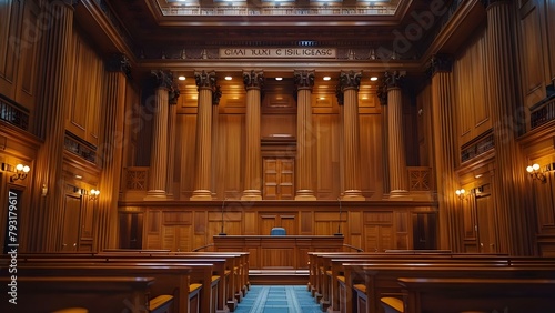 The grand empty courtroom of the Supreme Court, with its wooden design, awaits an upcoming civil case. Concept Legal architecture, Justice system, Courtroom design, Civil litigation, Empty courtrooms