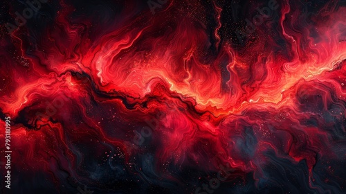  A painting of red and black swirls against a black backdrop, with an emptied center, inhabited by stars