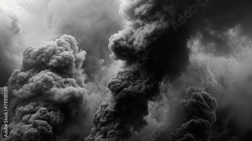 A monochrome photo showing a cloudy grey sky with cumulus clouds emitting smoke, capturing a unique meteorological and geological phenomenon in the atmosphere