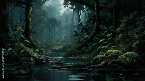 A captivating image showing a dark, mysterious forest with glowing plants and a reflective water body enhancing the enigmatic ambiance