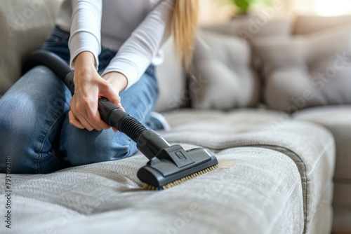 Young woman cleaning sofa with vacuum cleaner at home, household spring-cleaning concept
