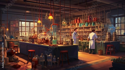 A vibrant, animated scene depicting a modern science lab with two scientists working on various experiments and research