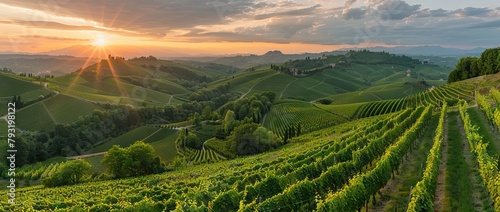 Extra wide panoramic shot of a summer vineyard shot at sunset. AI generated illustration
