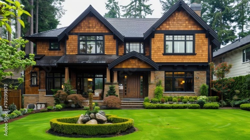Wood Home. Traditional Luxury House with Stained Cedar Wood Siding and Beautiful Garden