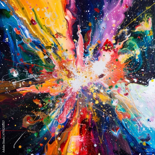 A dynamic abstract representation of the Big Bang, exploding with bright colors and chaotic patterns that suggest the creation of the universe. 