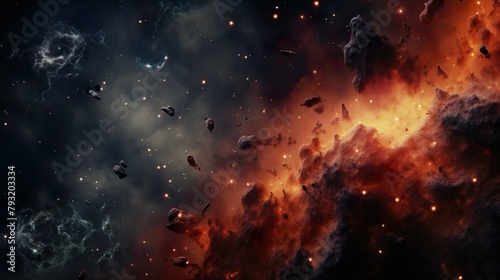 An epic galactic scene showcasing fiery nebula clouds and scattered asteroids hinting at the vastness of space