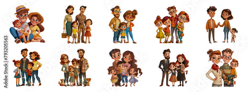 Animated family groups in various poses and outfits cut out png on transparent background