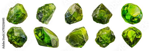 Brilliant cut and rough peridot gemstones cut out png on transparent background