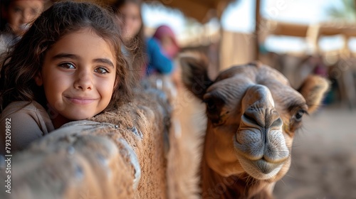 a camel encounter for kids in Saudi Arabia, where laughter and excitement fill the air as children revel in the unique experience, while spectators observe with delight.