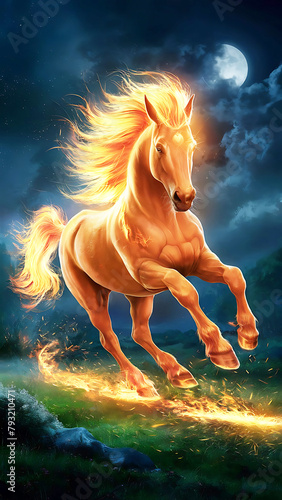A breathtaking scene of a majestic flame-colored horse, illuminated by the golden hues of the setting sun.