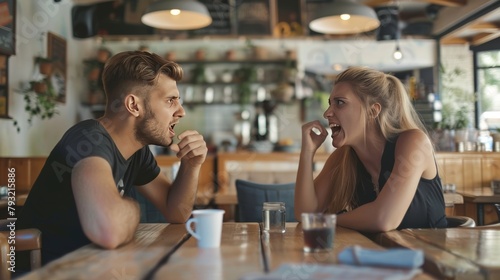 Illustration of a young couple engaged in an argument in a cafe, depicting relationship problems.