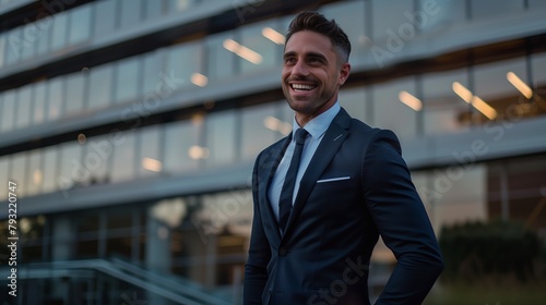 Captured with impeccable clarity, a handsome businessman in a bespoke suit shares a moment of joyous accomplishment, his smile radiating satisfaction and success.