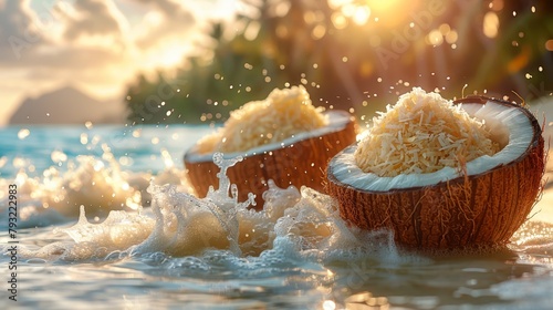  Two coconuts atop a sandy beach, bordering the restless ocean; waves gently splash around