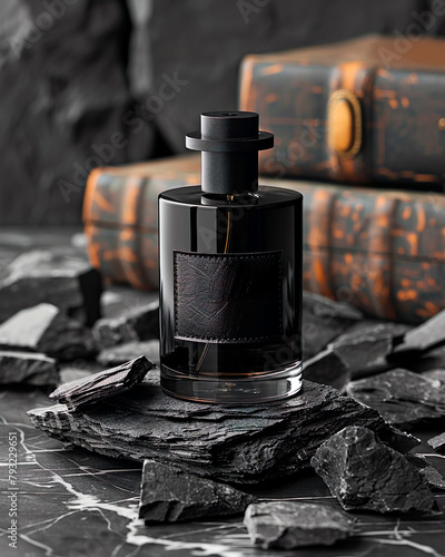 Foto de cosmético: Um frasco de vidro preto de perfume sobre pedras escuras.