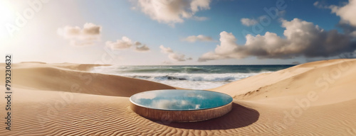 An ocean reflecting base nestles on sandy dunes under a cloudy sky. Serenity defines this scene where a round pedestal mirrors the sea at dawn. Panorama with copy space.