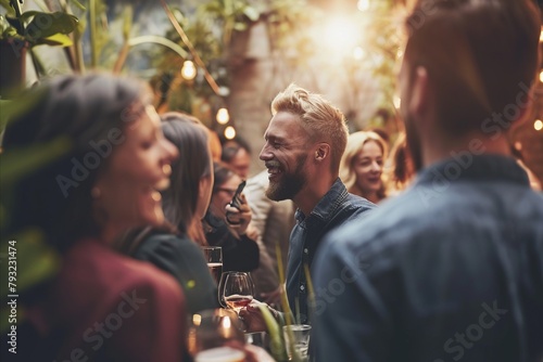 Group of friends having fun together at a rooftop party. Cheerful young men and women drinking wine and talking while sitting at the table.
