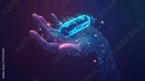 An illustration of a capsule pill and molecules held in a hand, conveying a health care vector concept. This banner features a low poly vector representation of a starry sky or cosmos.