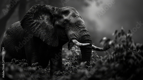  A black-and-white image of an elephant with two prominent tusks curving down from its upper jaw