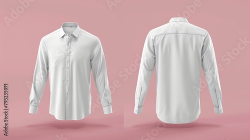 Mockup of a blank long sleeve collared shirt, exhibiting front and back views. This plain t-shirt mockup is suitable for tee design presentations, rendered in 3D illustration.