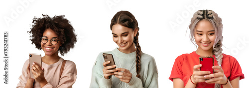 Assortment of beautiful happy females with smartphones from diverse ethnic backgrounds, Isolated on Transparent Background, PNG