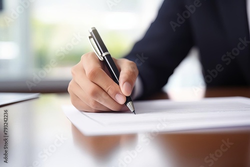 Closeup of a hand holding a pen above a blank sheet of paper, set against a soft, blurred office background, ready for writing or signing.