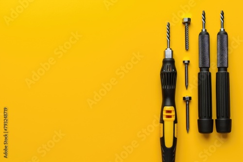 Two screwdrivers placed on a bright yellow tabletop, ideal for DIY projects