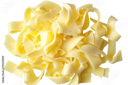 A pile of pasta noodles on a plain white surface. Suitable for food and cooking concepts