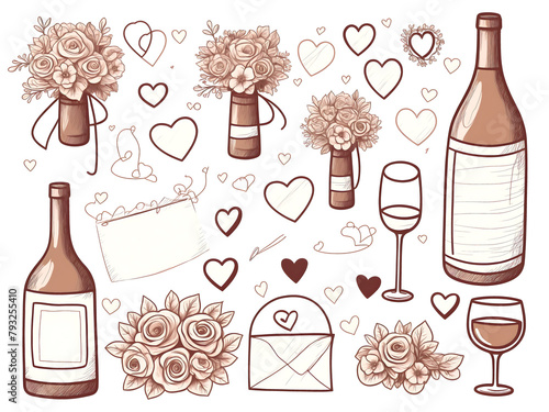wedding doodle art with hearts, flowers and wine bottles on a white background