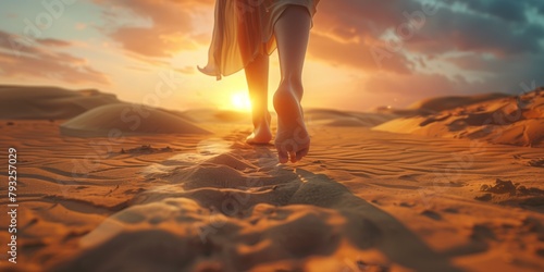 A low angle shot of a womans feet walking across a sandy beach during sunset.