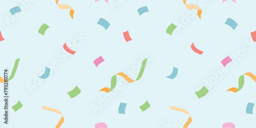 Print with ribbons of different colors in light blue background. Positive decoration for celebration events and happy mood, trendy wallpaper pattern. Vector illustration