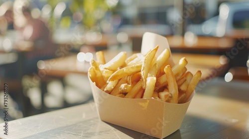Box of french fries on a table, perfect for food blogs