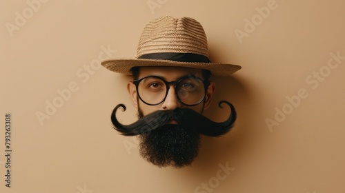A man wearing a hat, glasses, and fake moustache