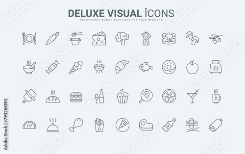 Outline pictogram of takeaway pizza and hot burger, croissant and coffee, cheese and steak. Food and drink popular menu of restaurant or home thin black and red line icons set vector illustration