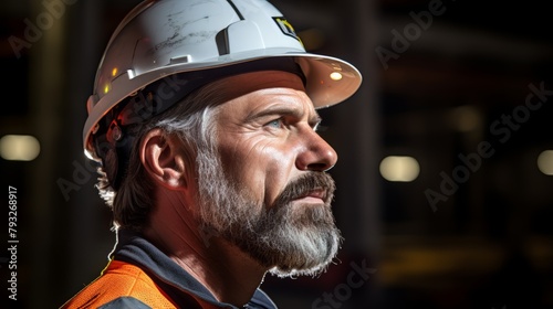 Construction Worker in Hard Hat, Observing his Surroundings