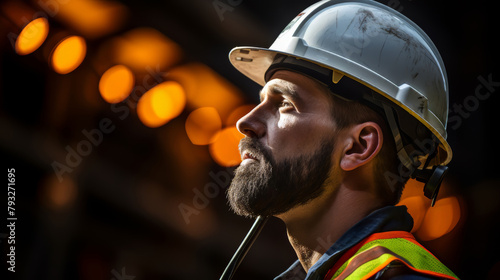 Construction Worker in Hard Hat, Observing his Surroundings