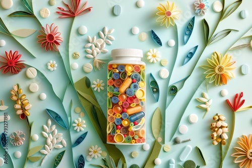 A bottle of pills surrounded by flowers and leaves, suitable for healthcare concepts