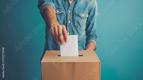Man putting ballot into voting box on blue background, Elections voting, hand dropping vote