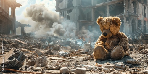 teddy bear against of a destroyed city Generative AI