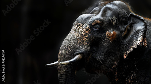  A close-up of an elephant's face with its curved tusks