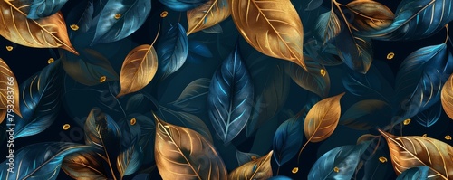 Luxury abstract artistic background. Golden and dark blue leaves. Textured background. Flowers and leaves, plants, wallpapers, posters, cards, hanging decorations, prints. High quality photo