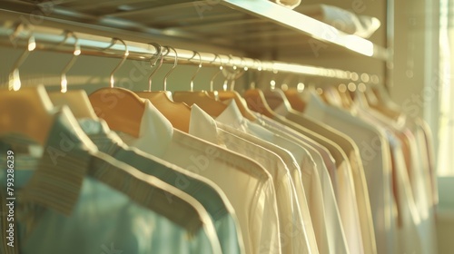 Clean clothes on hangers indoors after professional dry-cleaning on a sunny day in bright room