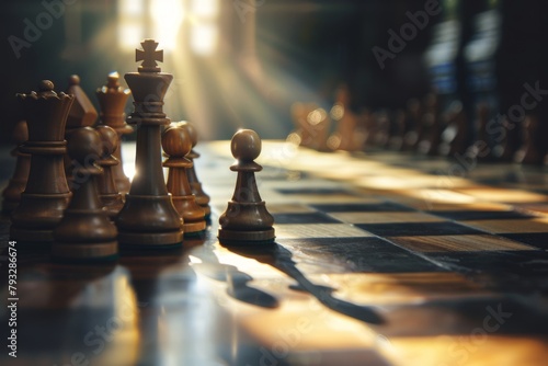 Closeup of chess pieces on wooden chessboard, indoor tabletop game