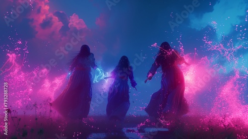 three witches in a dark room with colored smoke