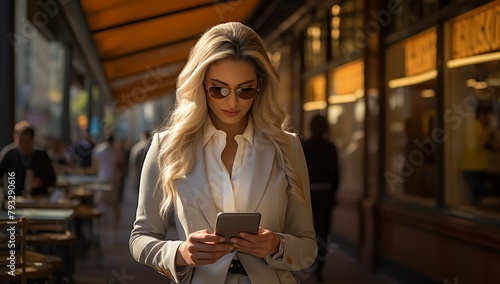 a woman in a suit and sunglasses looking at a cell phone in a city street with people walking by