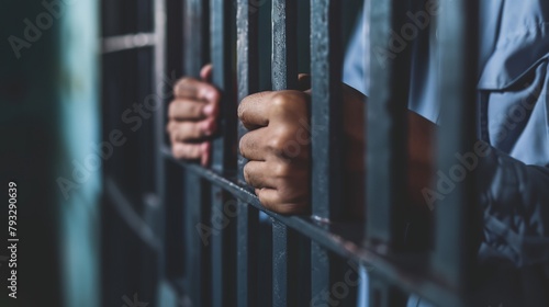 a person is holding a jail cell door with their hands
