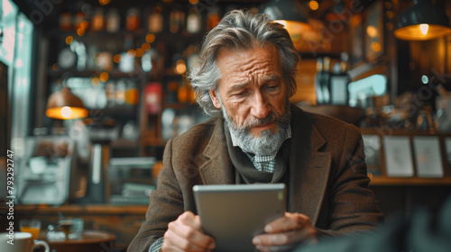 Mature businessman in a cafe analyzing information on his digital tablet with a serious expression.
