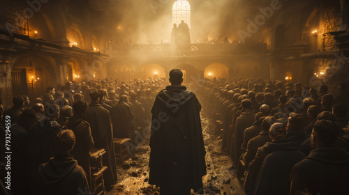 Chaplain standing before troops in a cathedral with a wide-angle cinematic atmosphere.